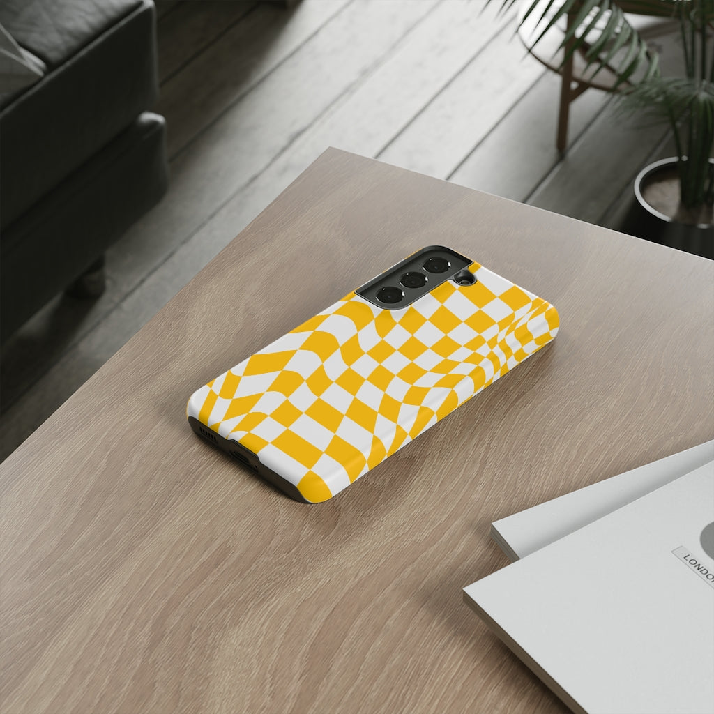 Old School Checkered Retro Groovy Vibe Wavy Checkerboard Phone Case / Yellow