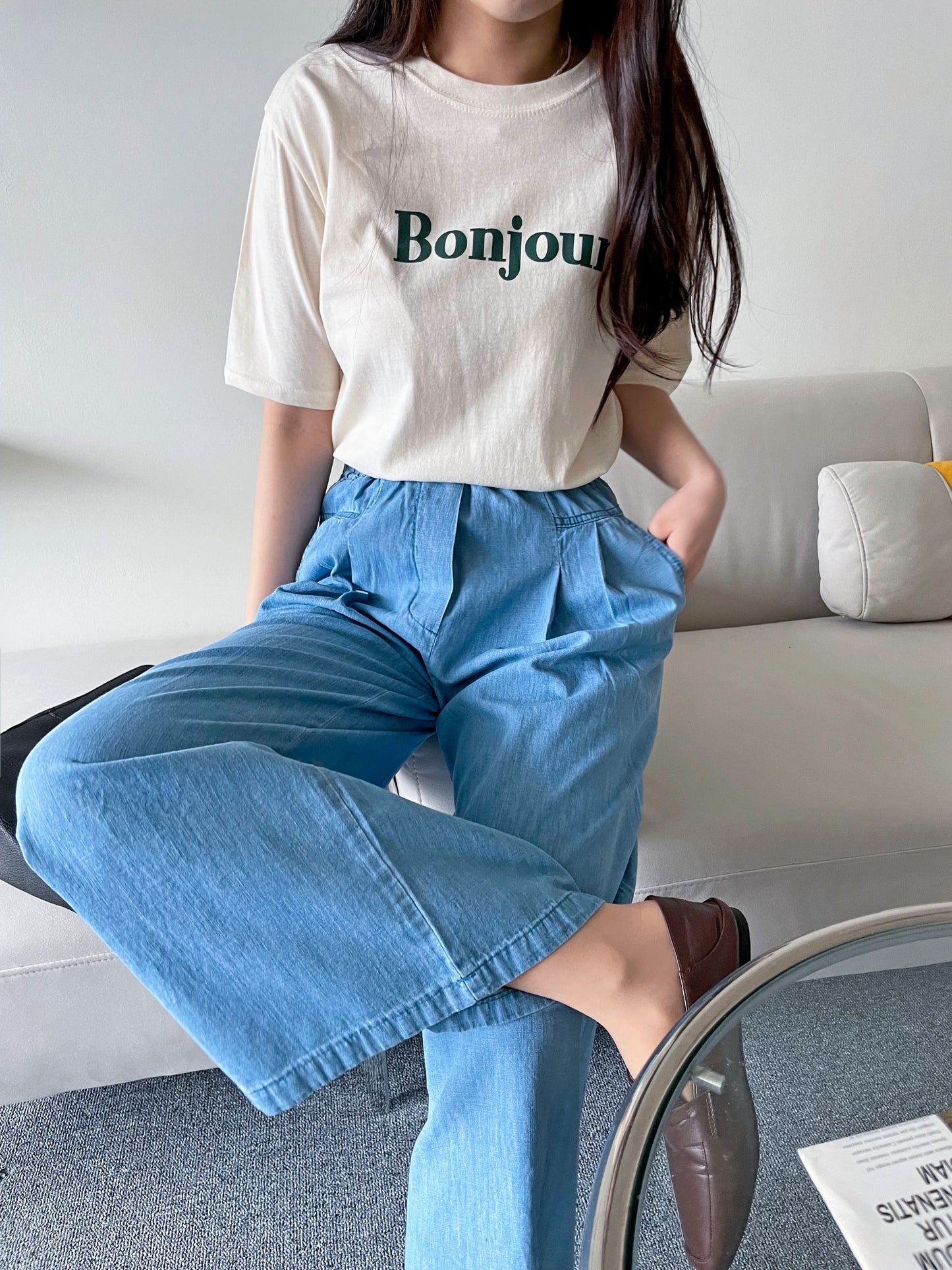 Bonjour Print Short sleeve Cotton T-shirts