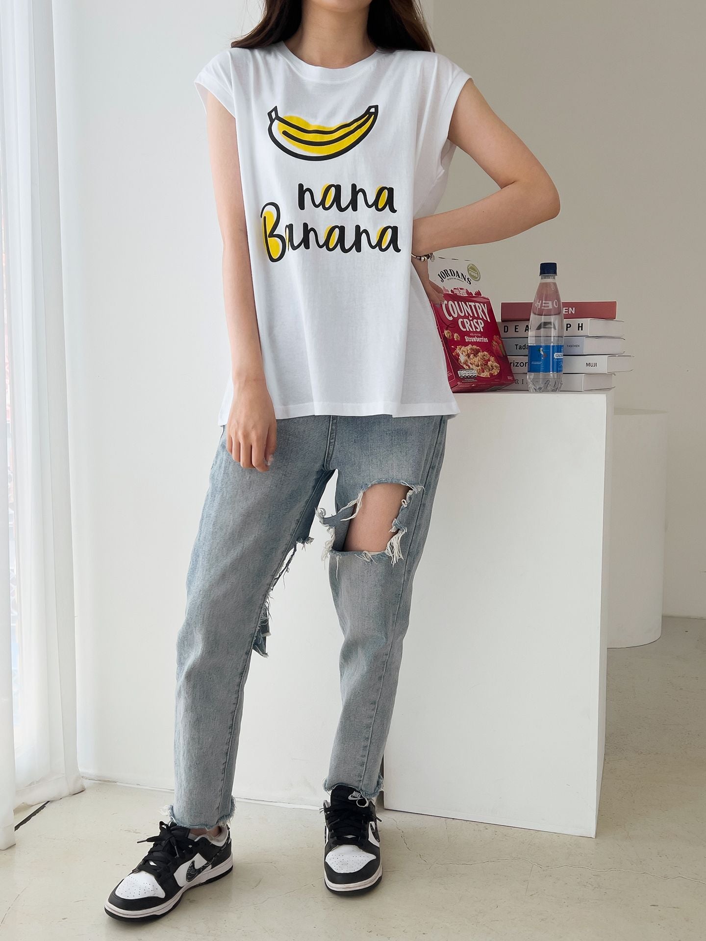 Banana Print Sleeveless Top Cotton T-shirts