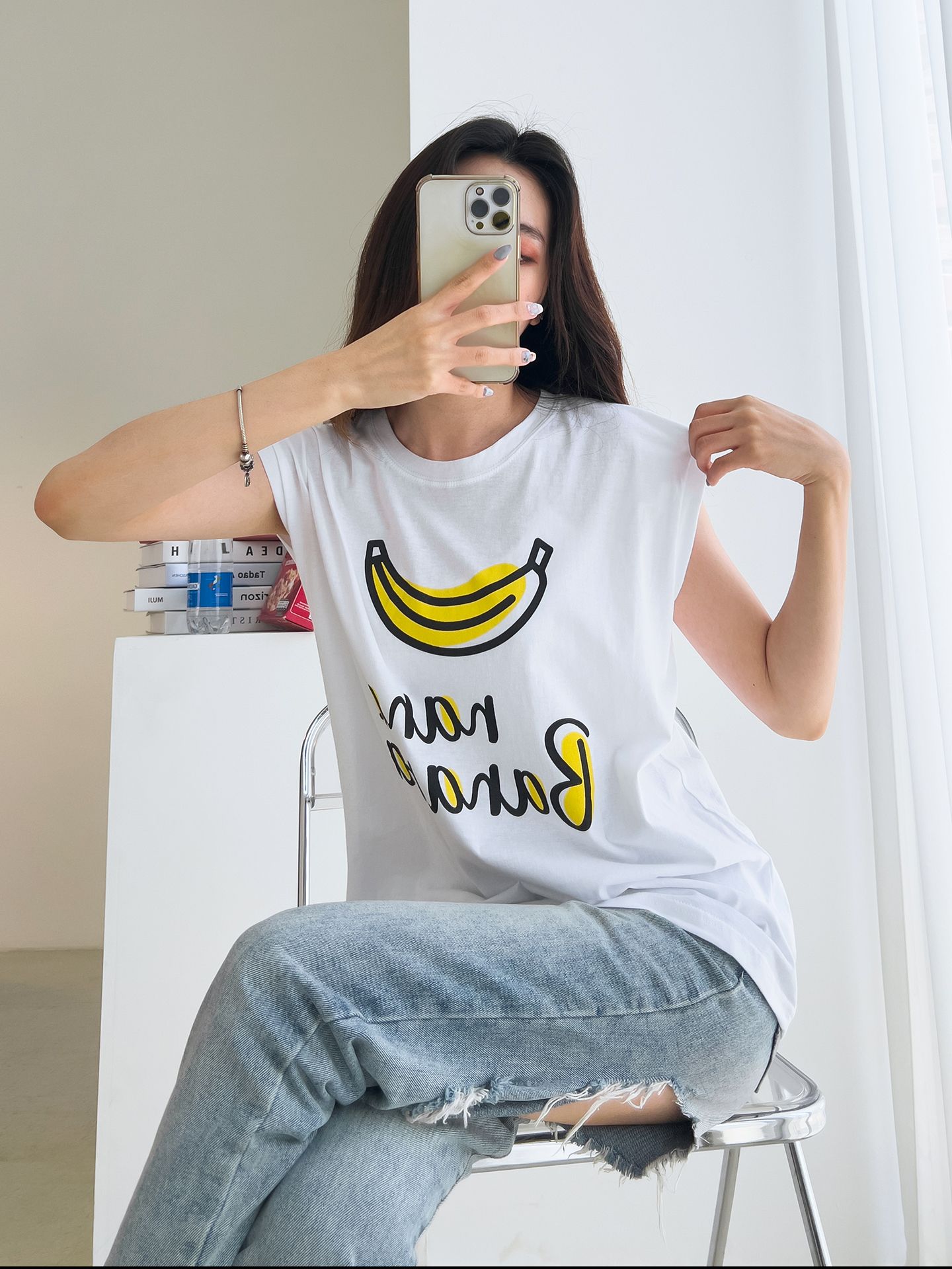 Banana Print Sleeveless Top Cotton T-shirts