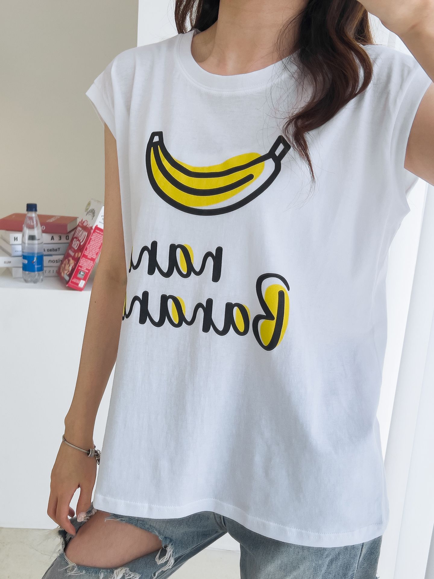 Banana Print Sleeveless Top Cotton T-shirts