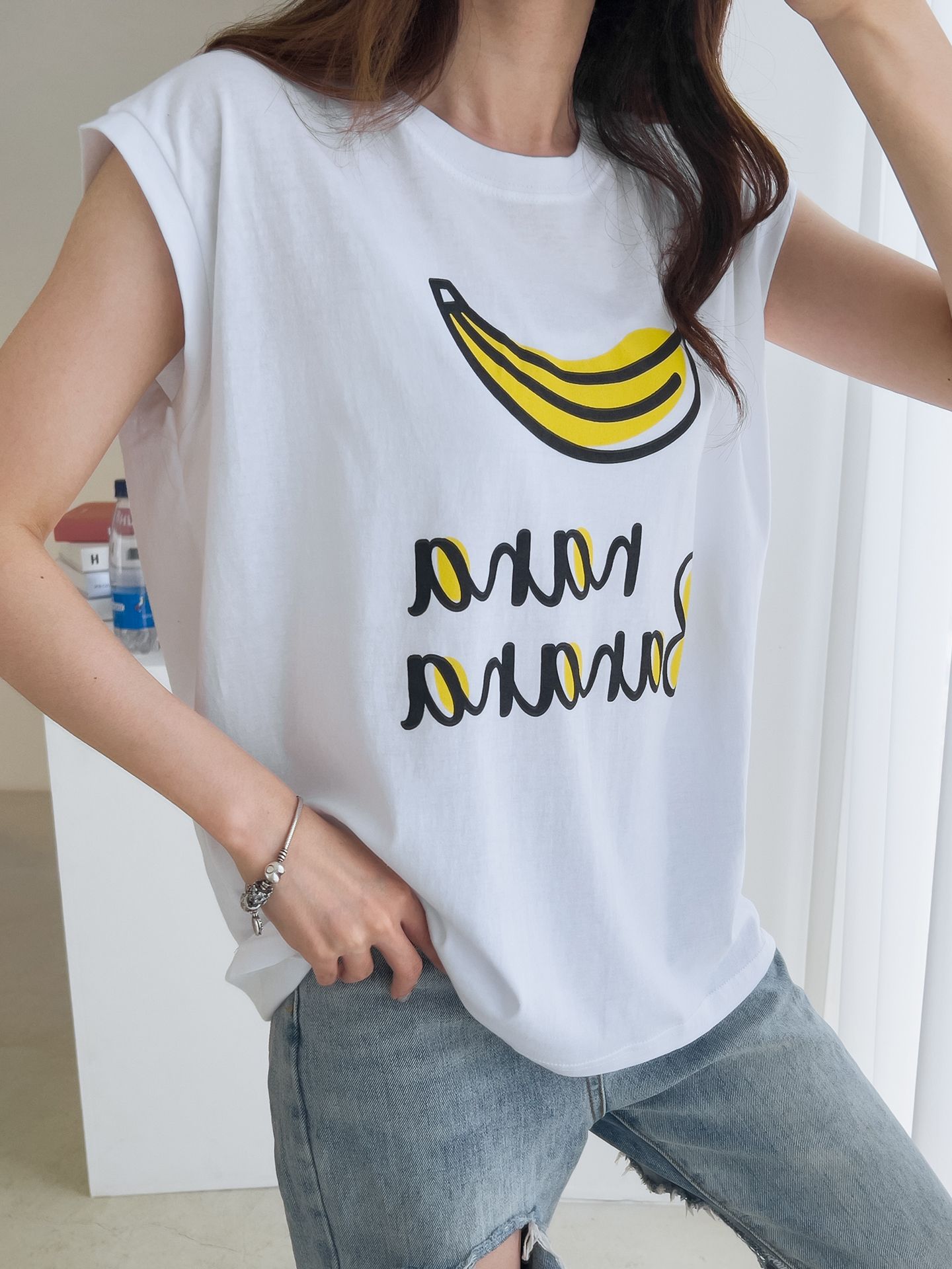 Banana Print Sleeveless Top Cotton T-shirts