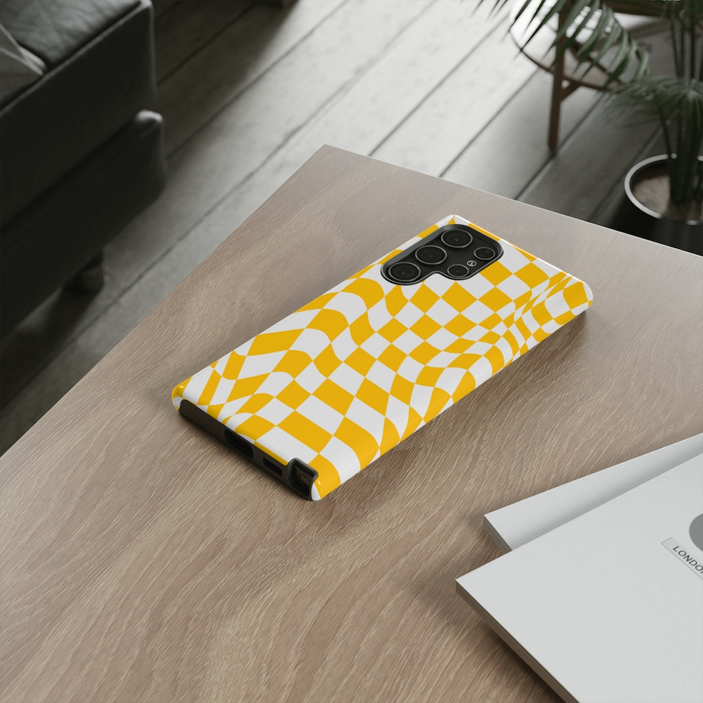 Old School Checkered Retro Groovy Vibe Wavy Checkerboard Phone Case / Yellow