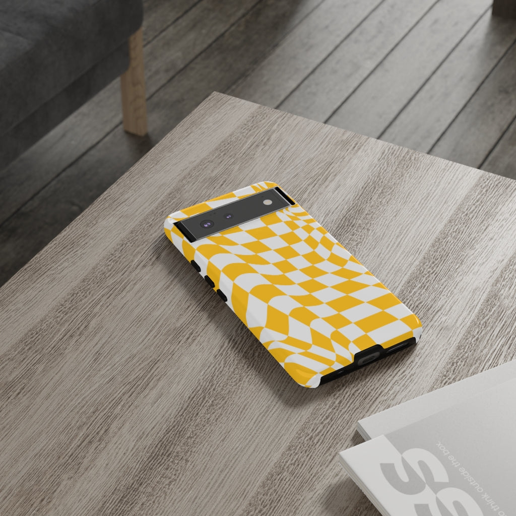 Old School Checkered Retro Groovy Vibe Wavy Checkerboard Phone Case / Yellow