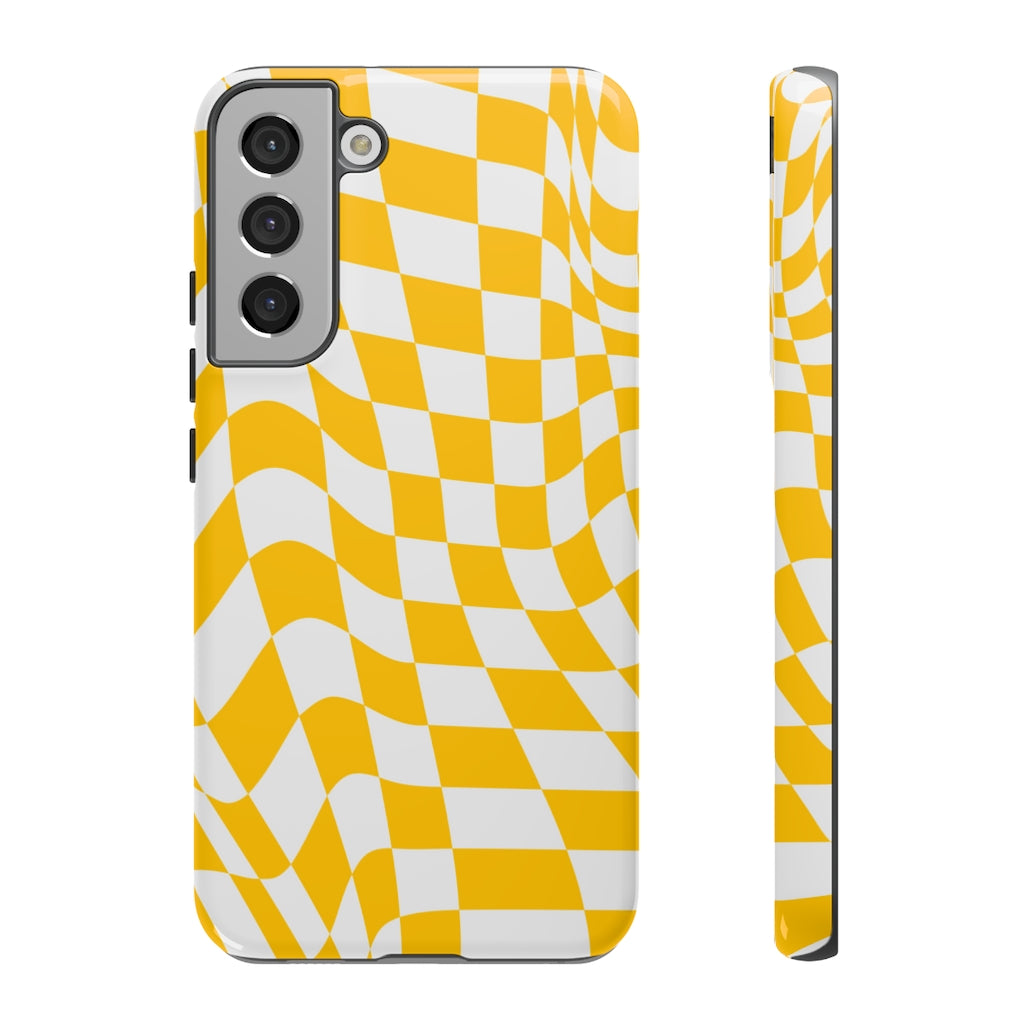 Old School Checkered Retro Groovy Vibe Wavy Checkerboard Phone Case / Yellow