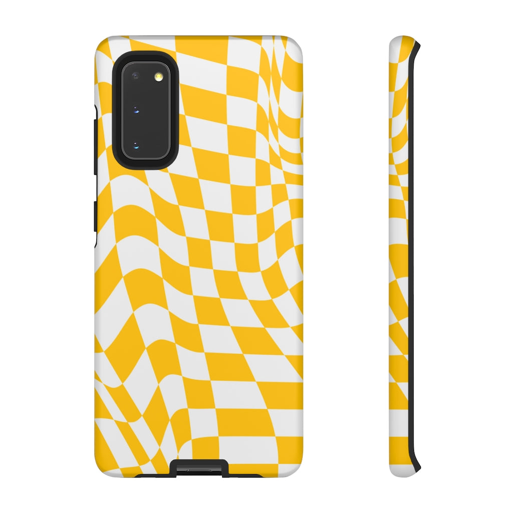 Old School Checkered Retro Groovy Vibe Wavy Checkerboard Phone Case / Yellow