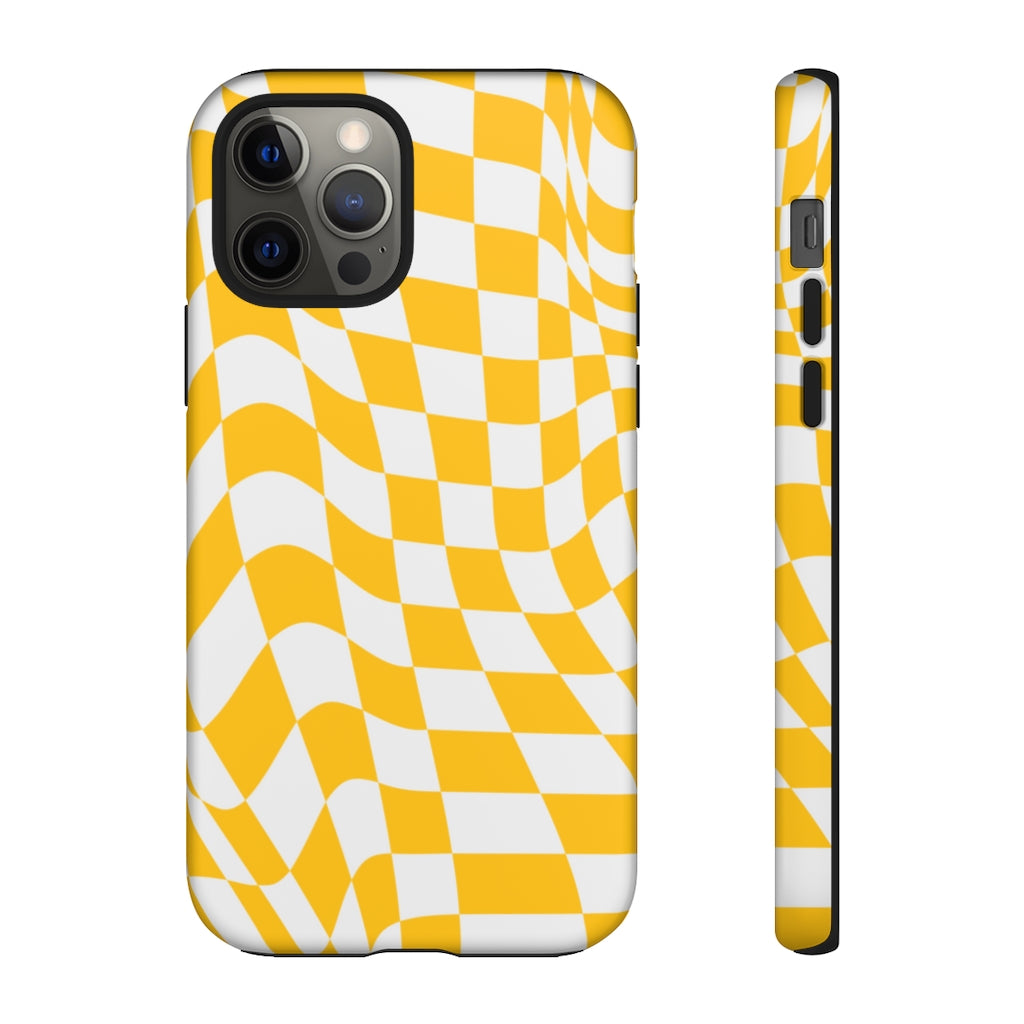 Old School Checkered Retro Groovy Vibe Wavy Checkerboard Phone Case / Yellow