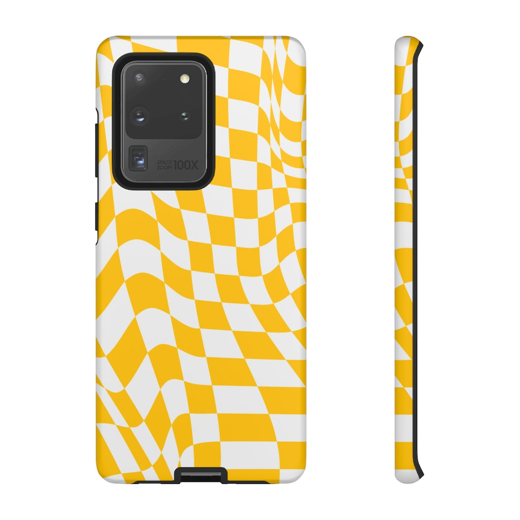 Old School Checkered Retro Groovy Vibe Wavy Checkerboard Phone Case / Yellow