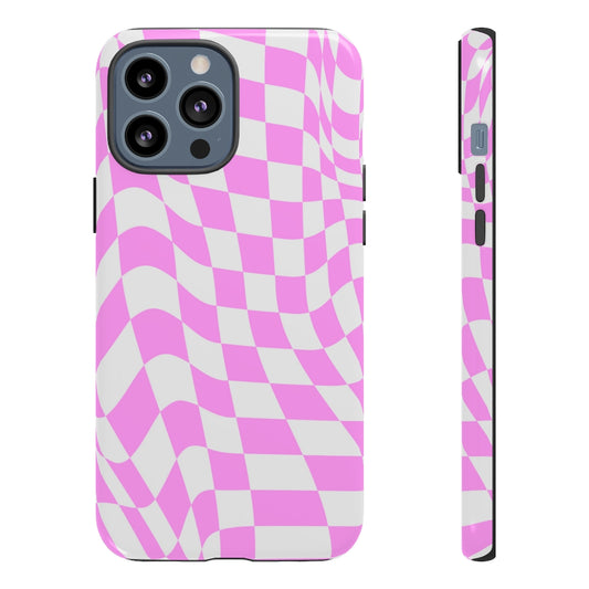 Old School Checkered Retro Groovy Vibe Wavy Checkerboard Phone Case / Pink