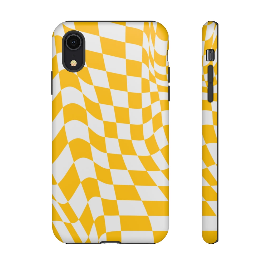 Old School Checkered Retro Groovy Vibe Wavy Checkerboard Phone Case / Yellow