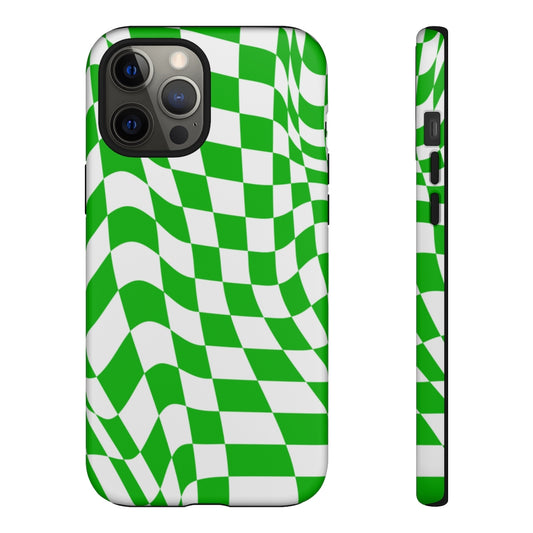 Old School Checkered Retro Groovy Vibe Wavy Checkerboard Phone Case / Retro Green