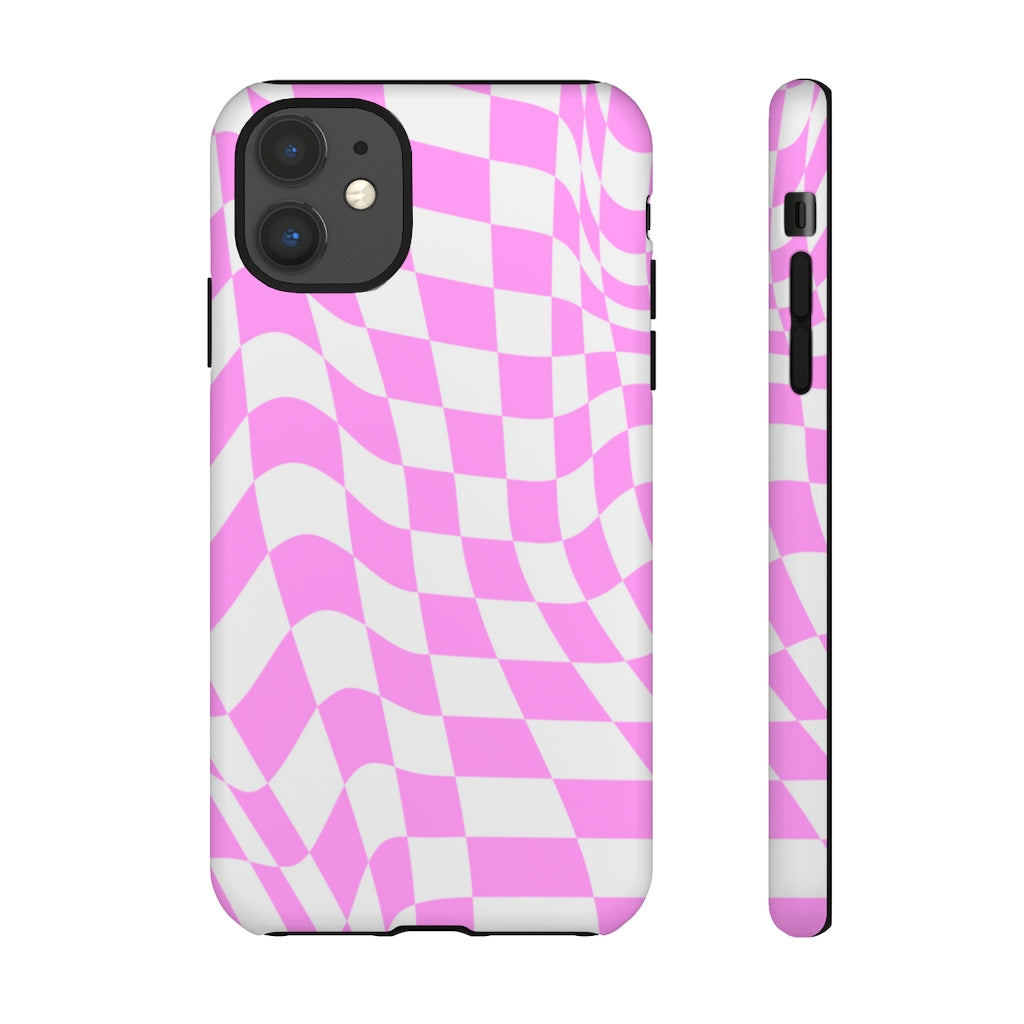 Old School Checkered Retro Groovy Vibe Wavy Checkerboard Phone Case / Pink