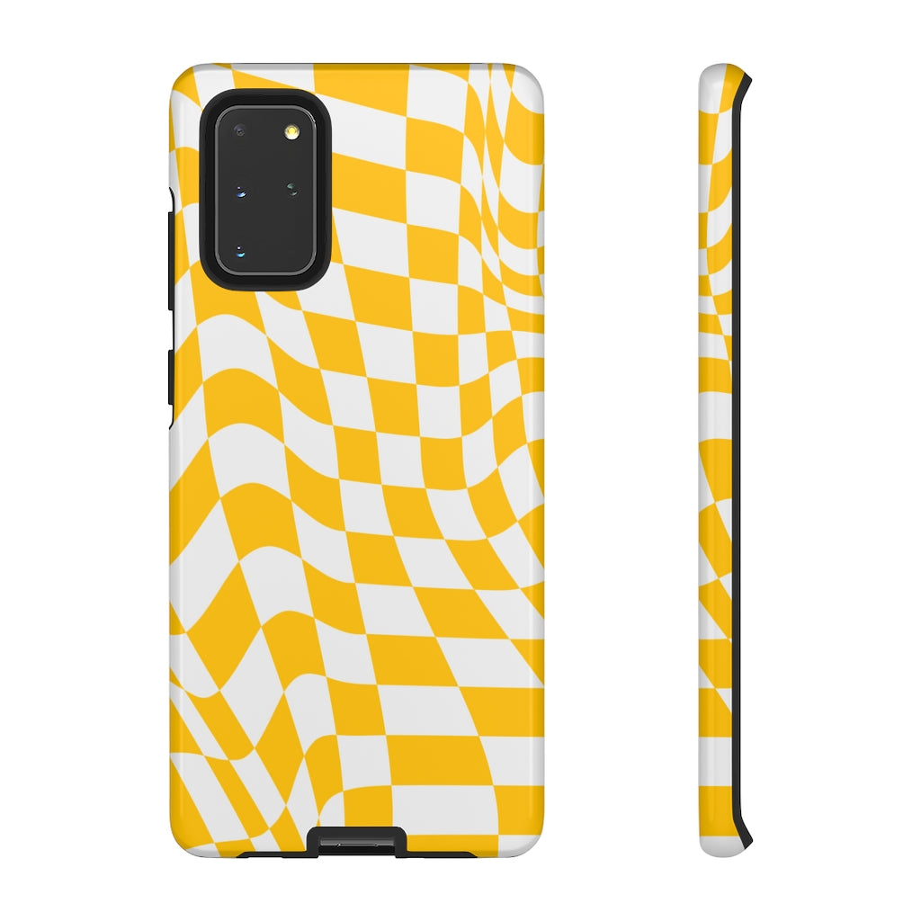 Old School Checkered Retro Groovy Vibe Wavy Checkerboard Phone Case / Yellow