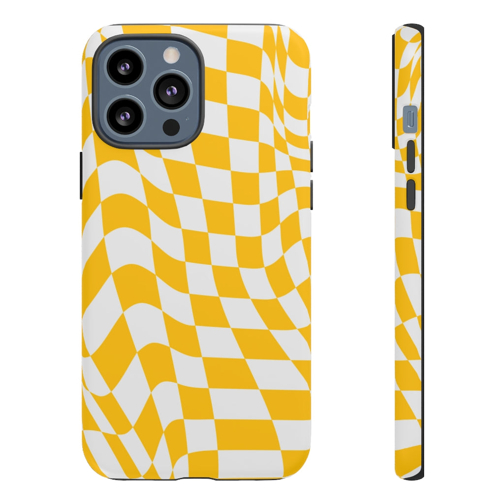 Old School Checkered Retro Groovy Vibe Wavy Checkerboard Phone Case / Yellow