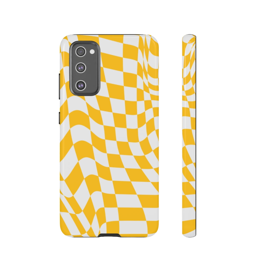 Old School Checkered Retro Groovy Vibe Wavy Checkerboard Phone Case / Yellow