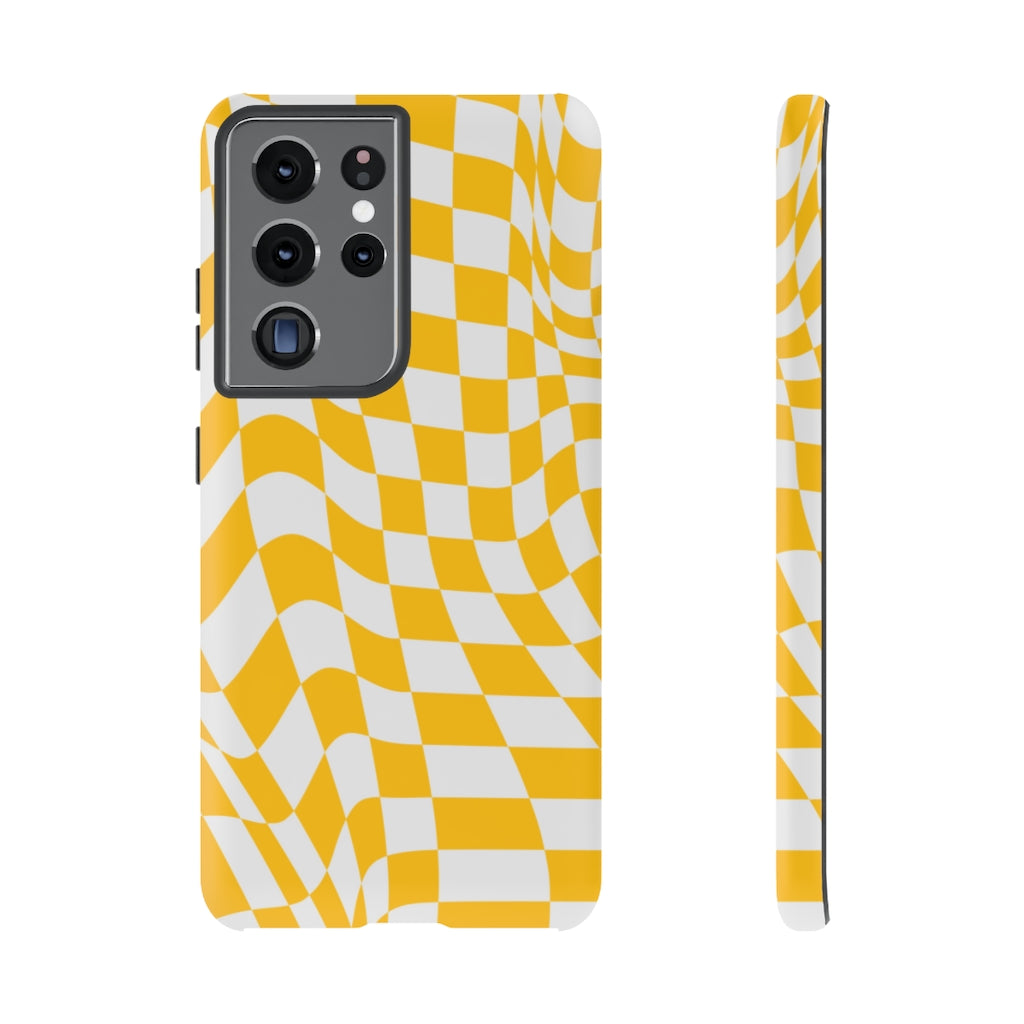 Old School Checkered Retro Groovy Vibe Wavy Checkerboard Phone Case / Yellow