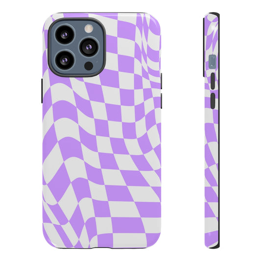 Old School Checkered Retro Groovy Vibe Wavy Checkerboard Phone Case / Purple