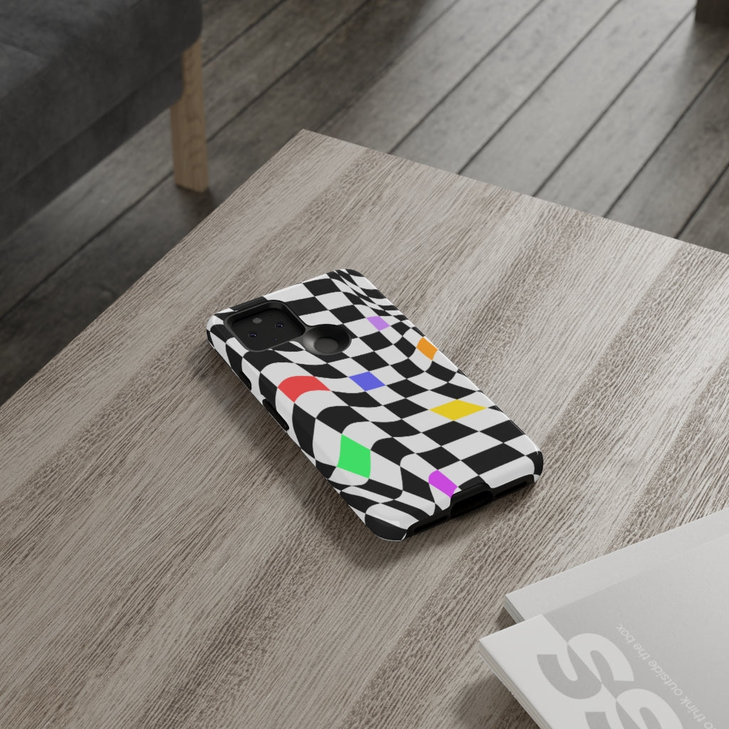 Old School Checkered Retro Groovy Vibe Wavy Checkerboard Phone Case / Multi