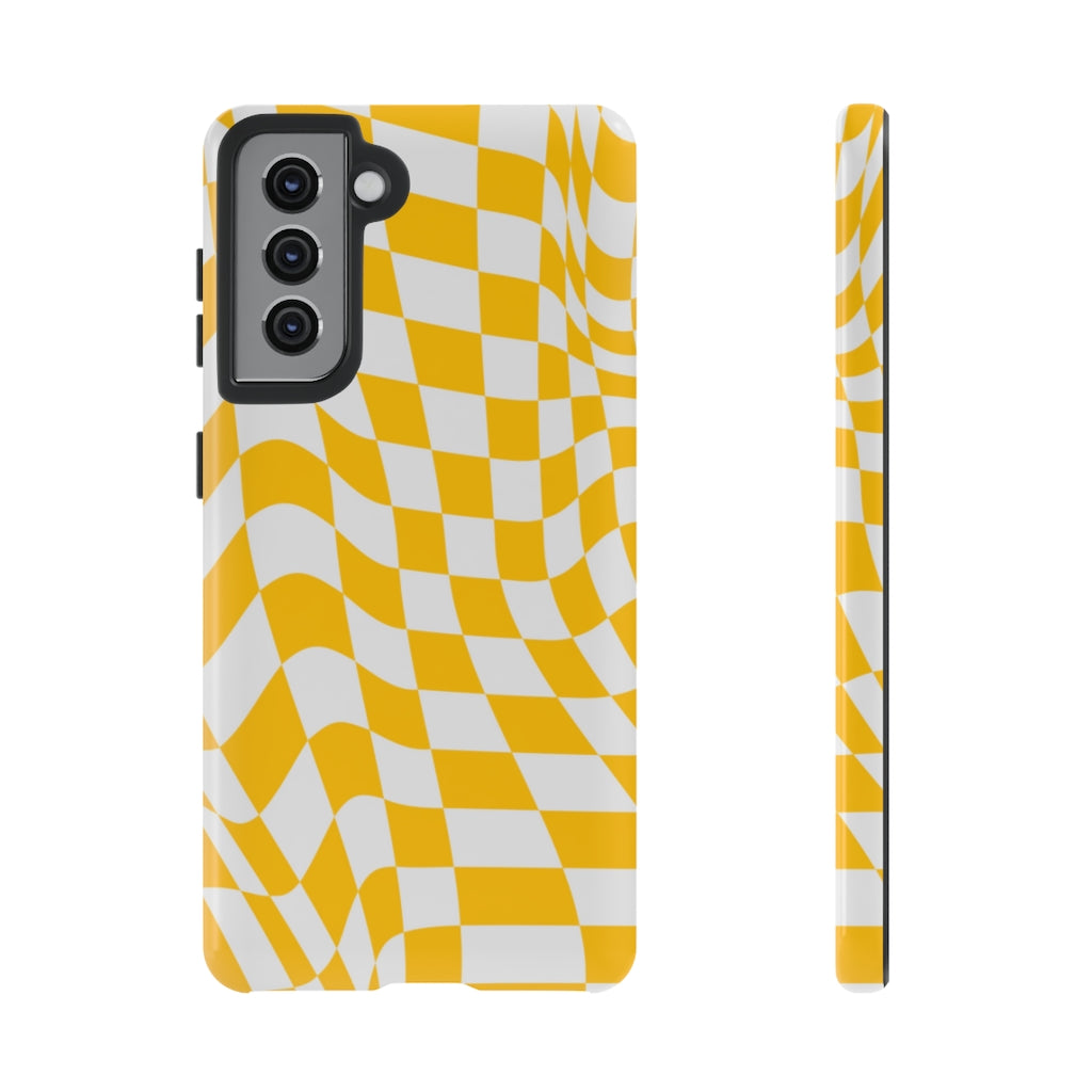 Old School Checkered Retro Groovy Vibe Wavy Checkerboard Phone Case / Yellow