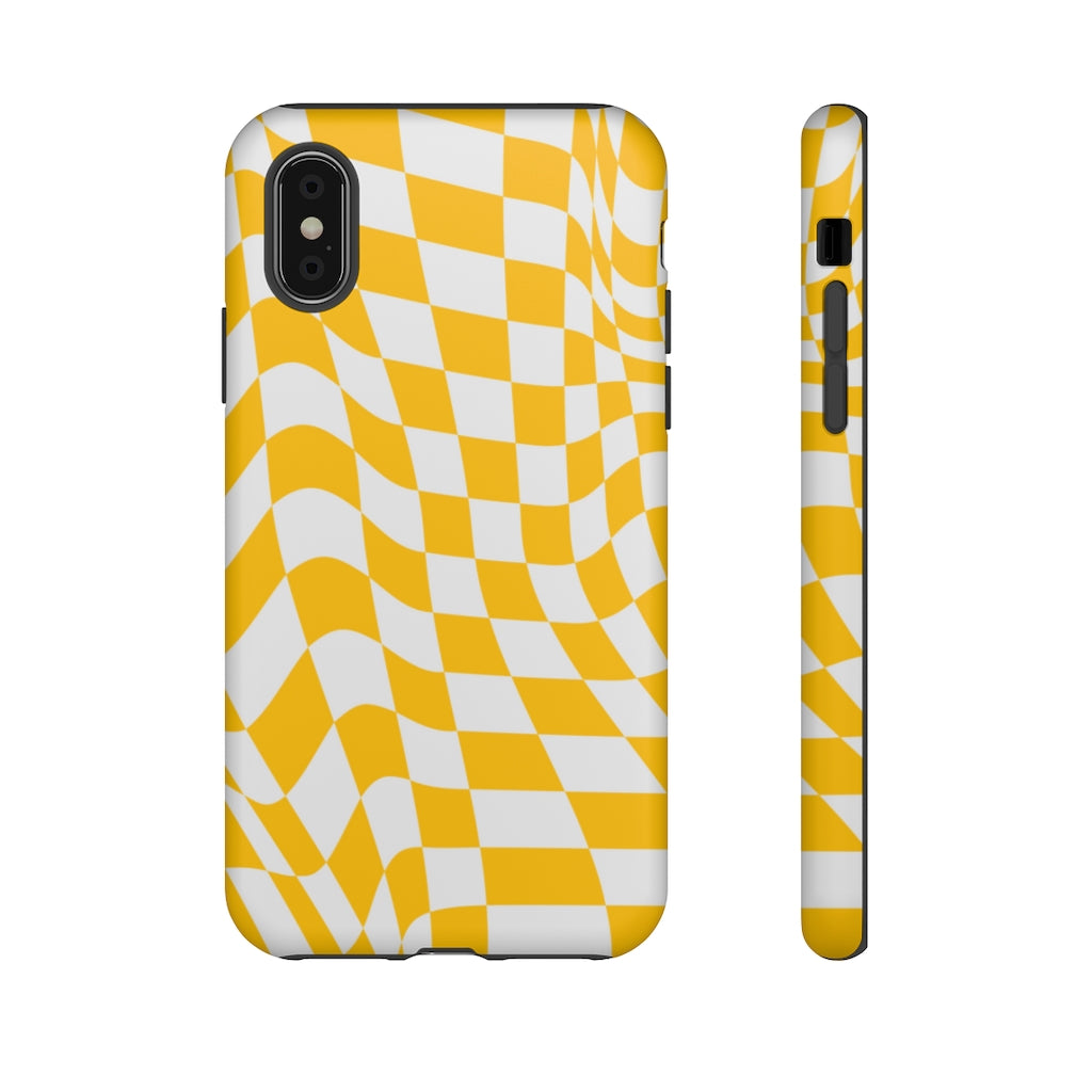 Old School Checkered Retro Groovy Vibe Wavy Checkerboard Phone Case / Yellow