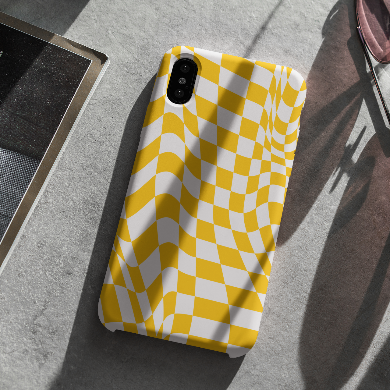 Old School Checkered Retro Groovy Vibe Wavy Checkerboard Phone Case / Yellow