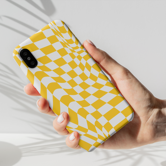 Old School Checkered Retro Groovy Vibe Wavy Checkerboard Phone Case / Yellow